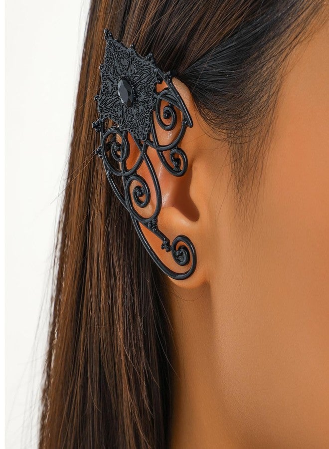 Rannyrena Gothic Black Elf Fairy Ear Cuffs 2pcs Punk Hollow Floral Piercing Ear Wrap Cartilage Climber Earrings for Cosplay Party Hip Hop Clip on Statement Earrings Gift for Women - Image 3